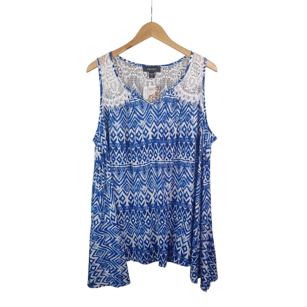 Karen Kane Women Tunic Top Plus 1X Blue White Lace Trim Ikat Sleeveless Boho NWT